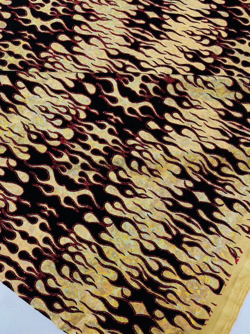 1 Yard Hot Rod Tricot Holographic Spandex Fabric Black Flocking Flames Red Glitter 4 Way Stretch 58-60 inches width